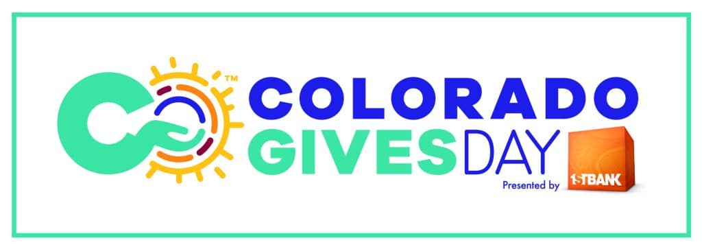 Logo for Colorado Gives Day, featuring colorful text and graphic elements, including a hand and sun motif, with the words 'Presented by', followed by a bank logo.